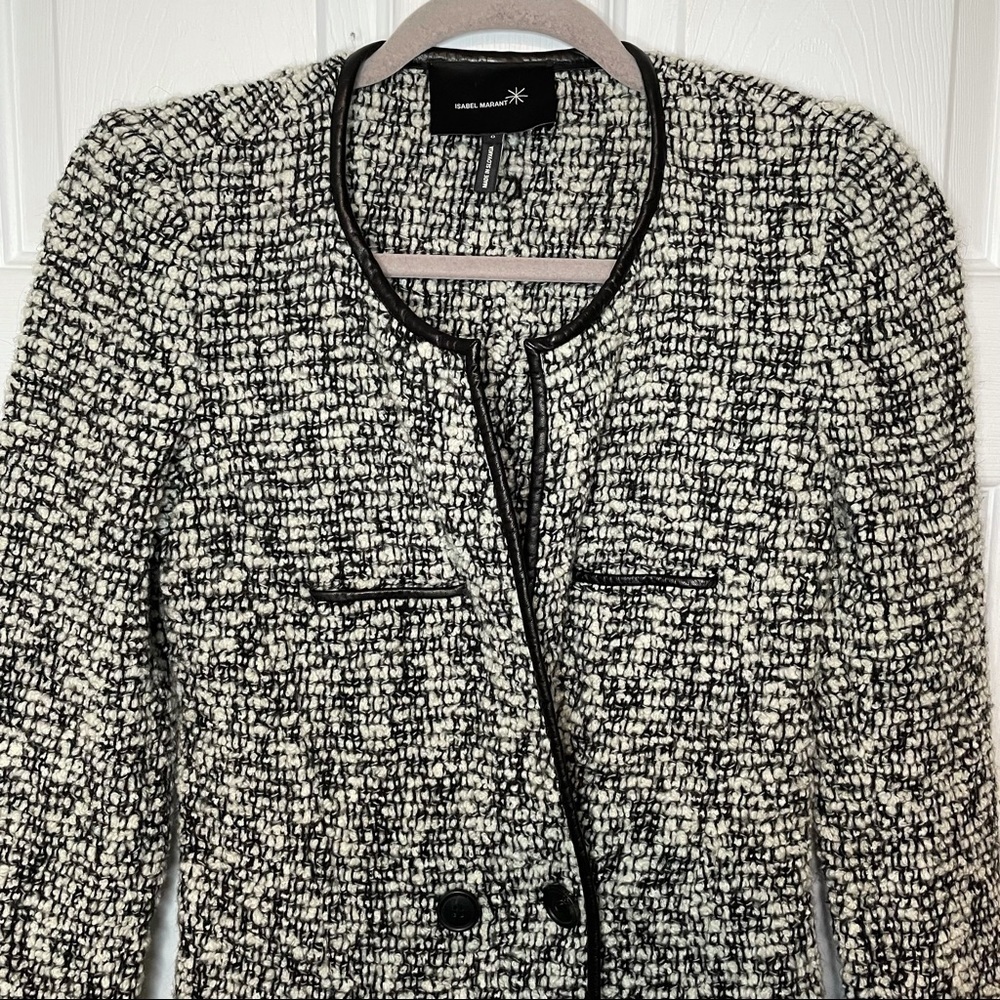 𝅺ISABEL Marant Black & White Tweed with Leather Trim Wool Blend Button Jacket 0 - Picture 2 of 7